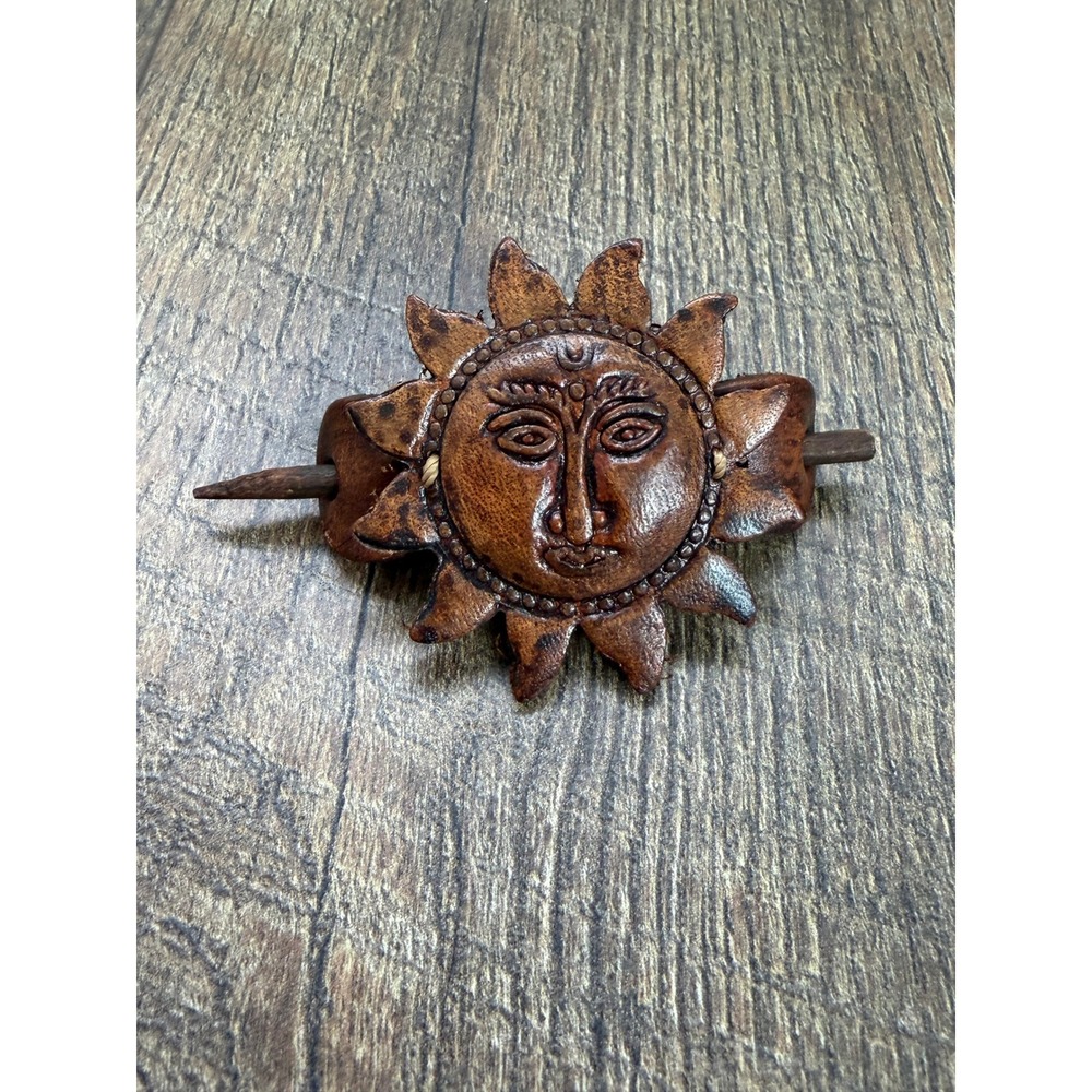 Leather Sun Face Hair Barrette Stick Boho Celestial Brown Handcrafted
